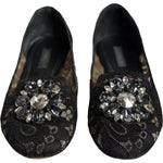 Dolce & Gabbana Black Lace Crystal Ballet Flats Loafer Shoes LA11414-35