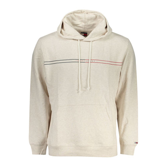 Tommy Hilfiger Beige Cotton Men Sweater with hood and central pocket, featuring a brushed finish for stylish comfort.