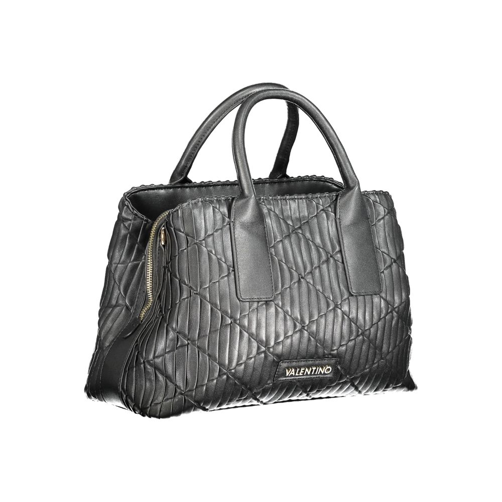 Mario Valentino Black Polyethylene Handbag with logo, featuring dual handles, removable chain, adjustable straps, compartments, and zip closure.