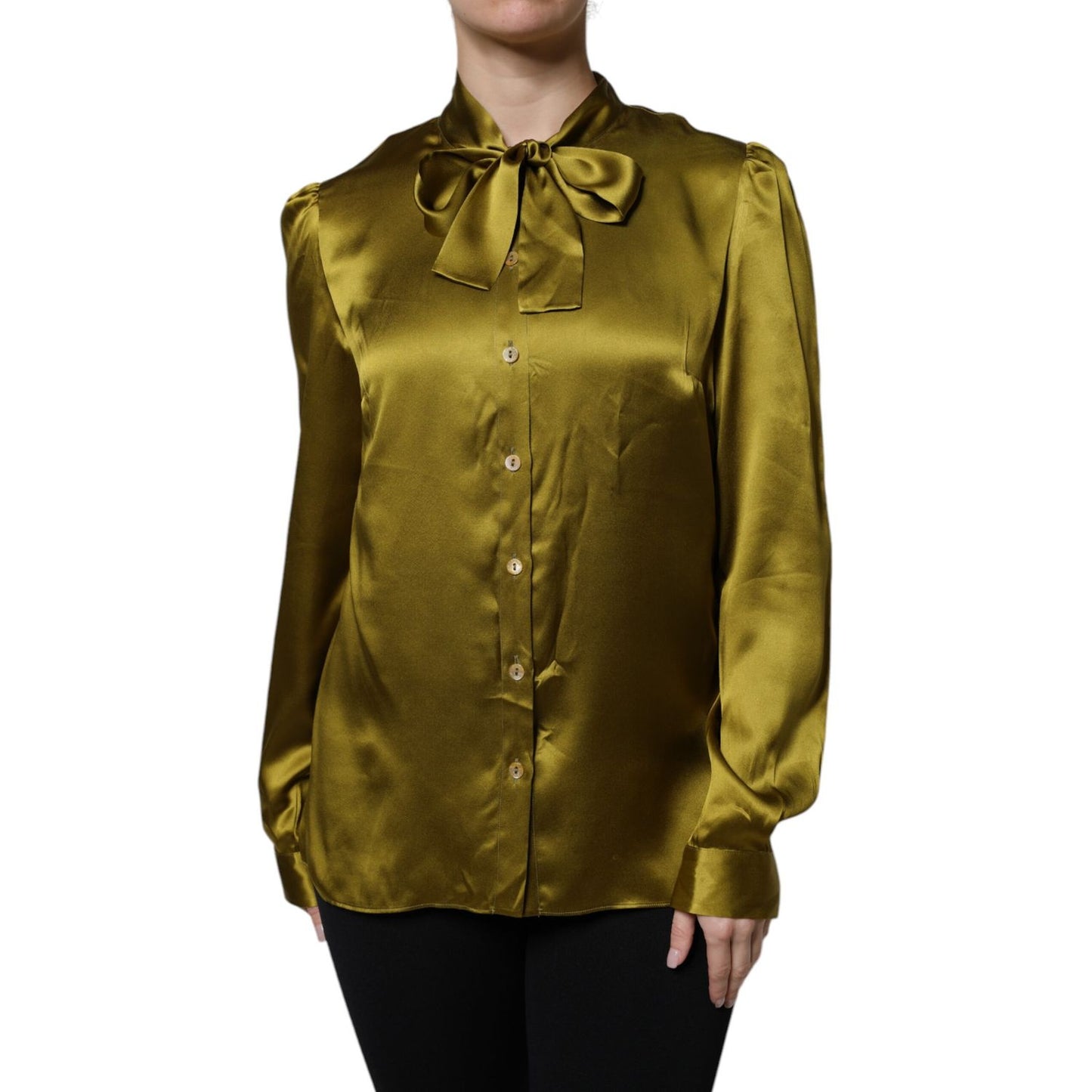 Dolce & Gabbana Green Ascot Collar Long Sleeves Blouse Top