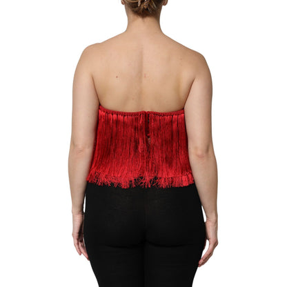 Dolce & Gabbana Red Silk Strapless Fringe Crop Tube Top
