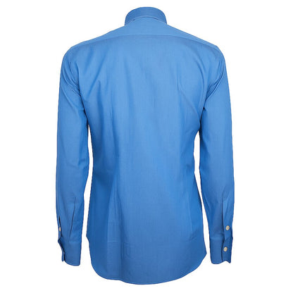 Made in Italy Blue Cotton Men's Shirt - back view of Loro Piana long sleeve shirt showcasing Italian craftsmanship and rich blue hue.