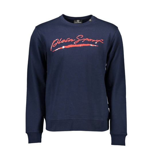 Plein Sport Blue Cotton Men Sweater with logo print, crew neck, and long sleeves, made from cotton and polyester. Perfect athleisure wear.