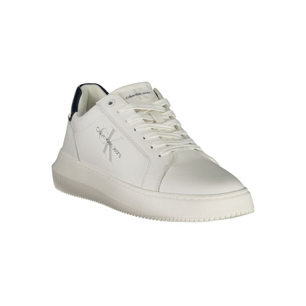 Calvin Klein White Leather Men Sneaker with bold black details and iconic logo, showcasing urban chic style and removable insole comfort.