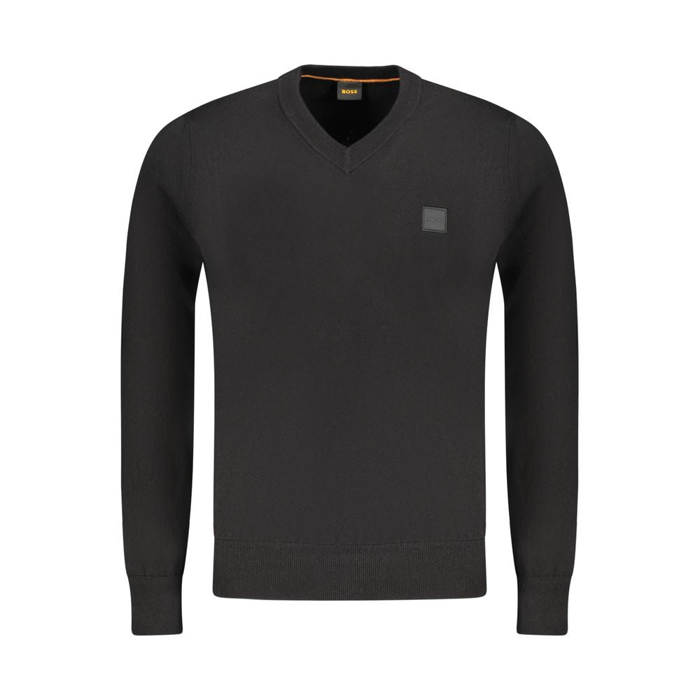 Hugo Boss Black Cotton Sweater - Long Sleeved V-Neck with Applique Logo