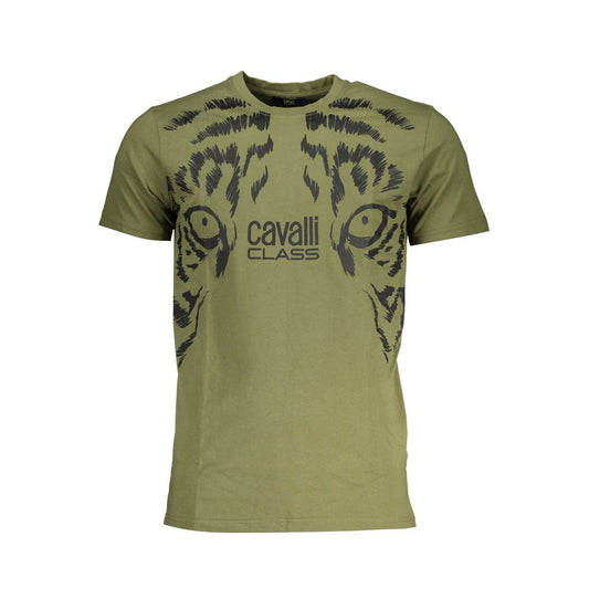 Cavalli Class Green Cotton T-Shirt with short sleeves, crew neck, tiger print, and logo displayed on front