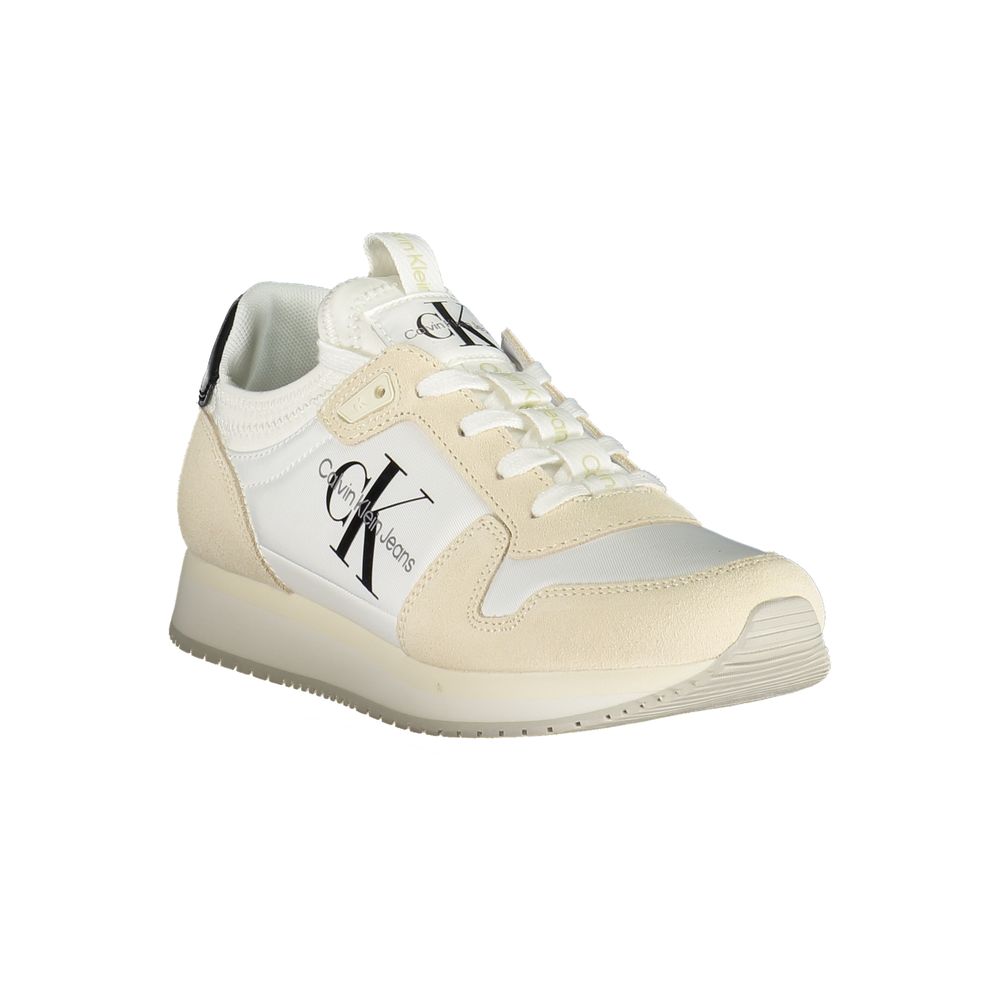 Calvin Klein White Polyester Women Sneaker with contrasting details and iconic logo, featuring removable footbed and sustainable materials.