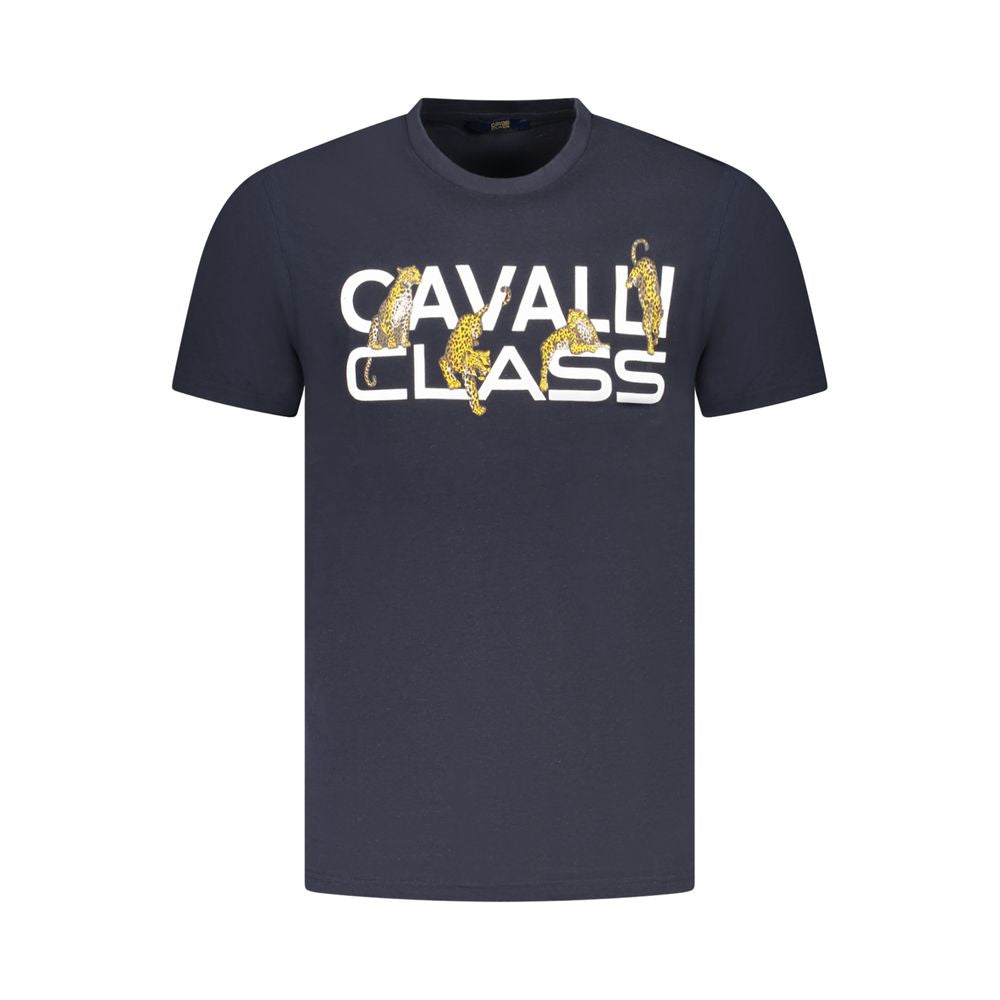 Cavalli Class Blue Cotton Men T-Shirt with bold print and crew neck, featuring iconic logo for sophisticated style in men's fashion.