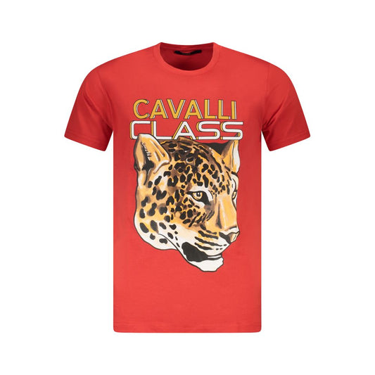Cavalli Class Red Cotton Men T-Shirt with bold print and logo, luxury fashion statement.