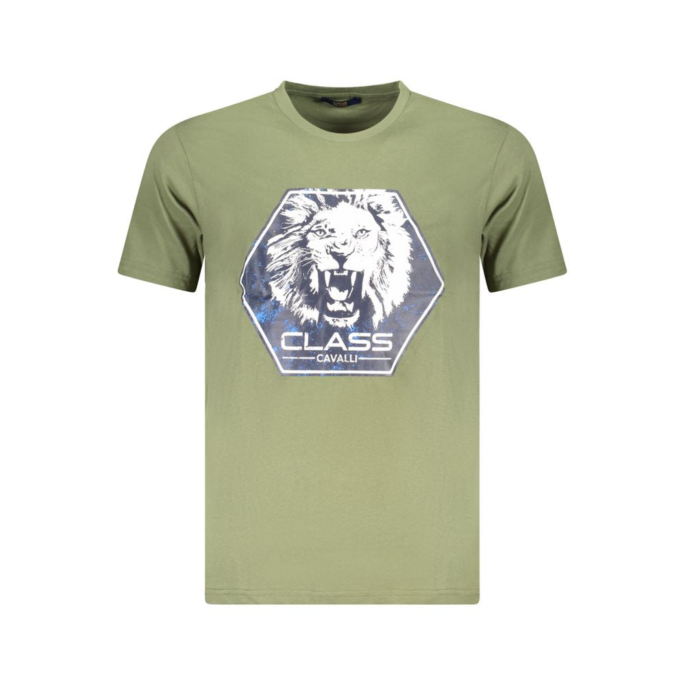Cavalli Class Green Cotton Men T-Shirt with lion print and logo, short-sleeve crew neck for modern style and comfort.
