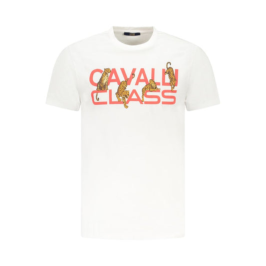 Cavalli Class White Cotton Men T-Shirt with bold logo and leopard graphic on front, made from soft cotton for ultimate comfort.