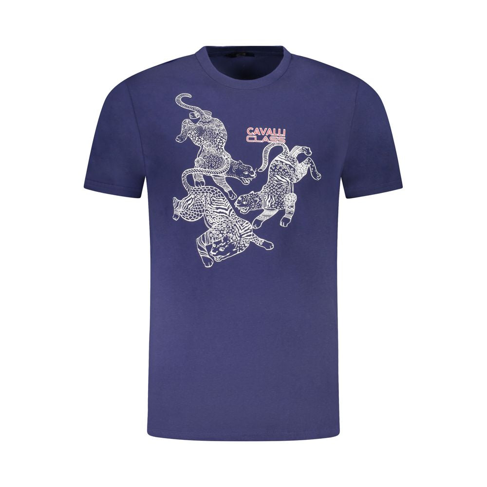 Cavalli Class Blue Cotton Men T-Shirt with bold print and logo, short-sleeve high-end style for fashionable comfort.