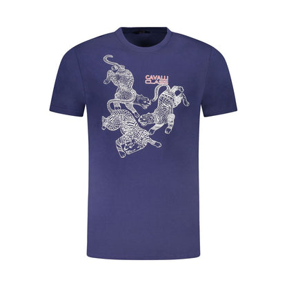 Cavalli Class Blue Cotton Men T-Shirt with bold print and logo, short-sleeve high-end style for fashionable comfort.
