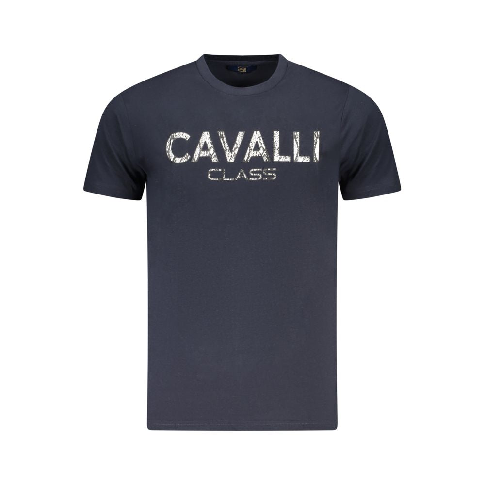 Cavalli Class Blue Cotton Men T-Shirt with bold logo print, short-sleeve crew neck design, luxury fashion for modern men.