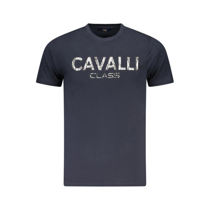 Cavalli Class Blue Cotton Men T-Shirt with bold logo print, short-sleeve crew neck design, luxury fashion for modern men.