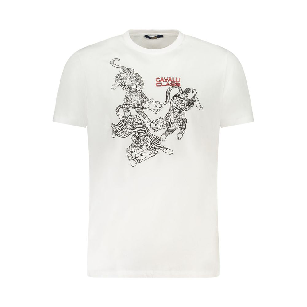 Cavalli Class White Cotton Men T-Shirt with bold print and iconic logo, short sleeve, crew neck, stylish wardrobe essential.
