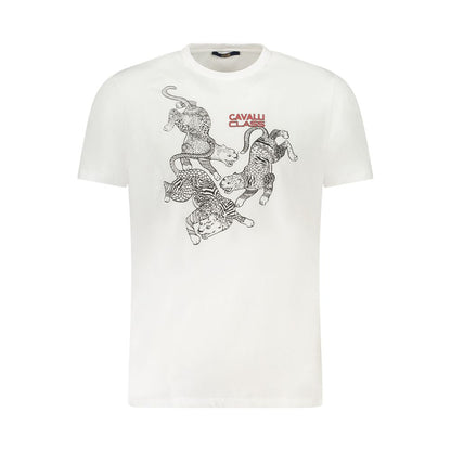 Cavalli Class White Cotton Men T-Shirt with bold print and iconic logo, short sleeve, crew neck, stylish wardrobe essential.