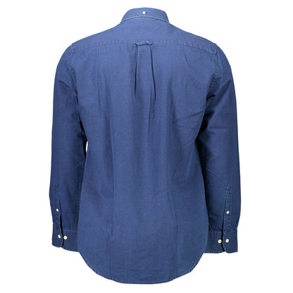 Back view of Gant Blue Cotton Men Shirt with button-down collar and chest pocket, perfect for office or upscale casual occasions.