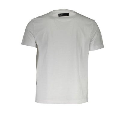 Plein Sport White Cotton Men T-Shirt with short sleeves and V-neck, featuring a bold print and logo for a sleek, sporty style.