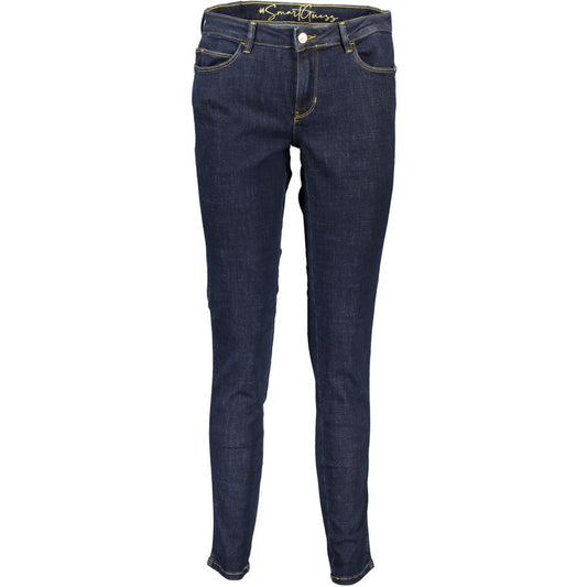 Guess Jeans Blue Cotton Women Jeans showcasing urban chic style with eco-conscious recycled cotton and iconic Guess logo.