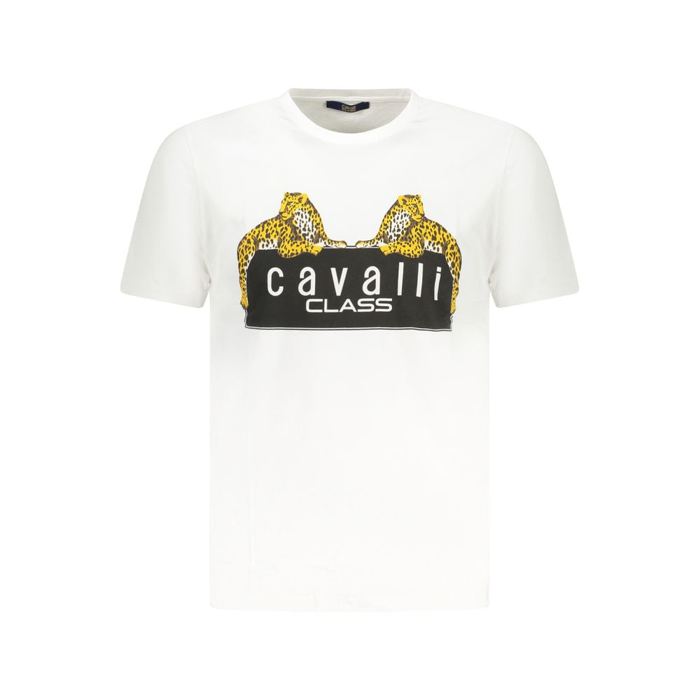Cavalli Class White Cotton T-Shirt with short sleeves, crew neck, print, and logo