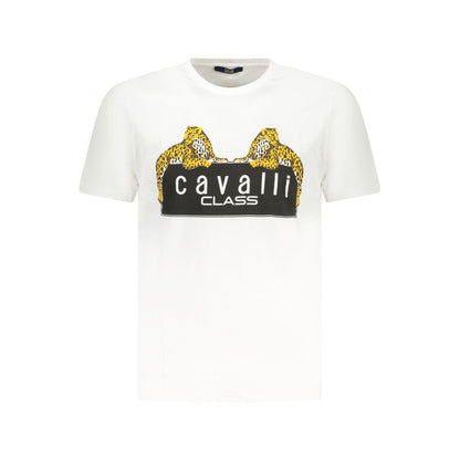 Cavalli Class White Cotton T-Shirt with short sleeves, crew neck, print, and logo
