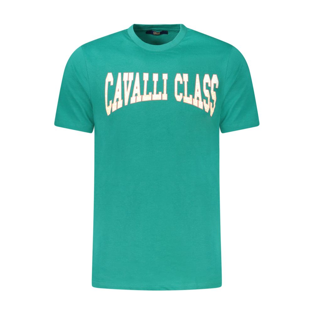 Cavalli Class Green Cotton T-Shirt with short sleeves, crew neck, and logo print on the front.