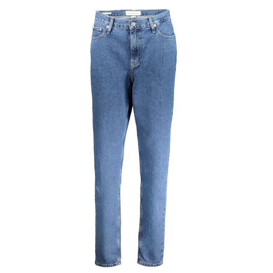 Calvin Klein Blue Cotton Women Jeans with button-and-zip closure and classic five-pocket design, featuring recycled cotton and CK logo.