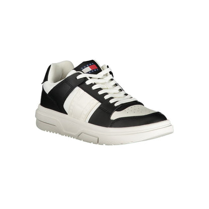 Tommy Hilfiger Black Leather Women Sneaker with white details, sporty design, iconic logo, and premium comfort.