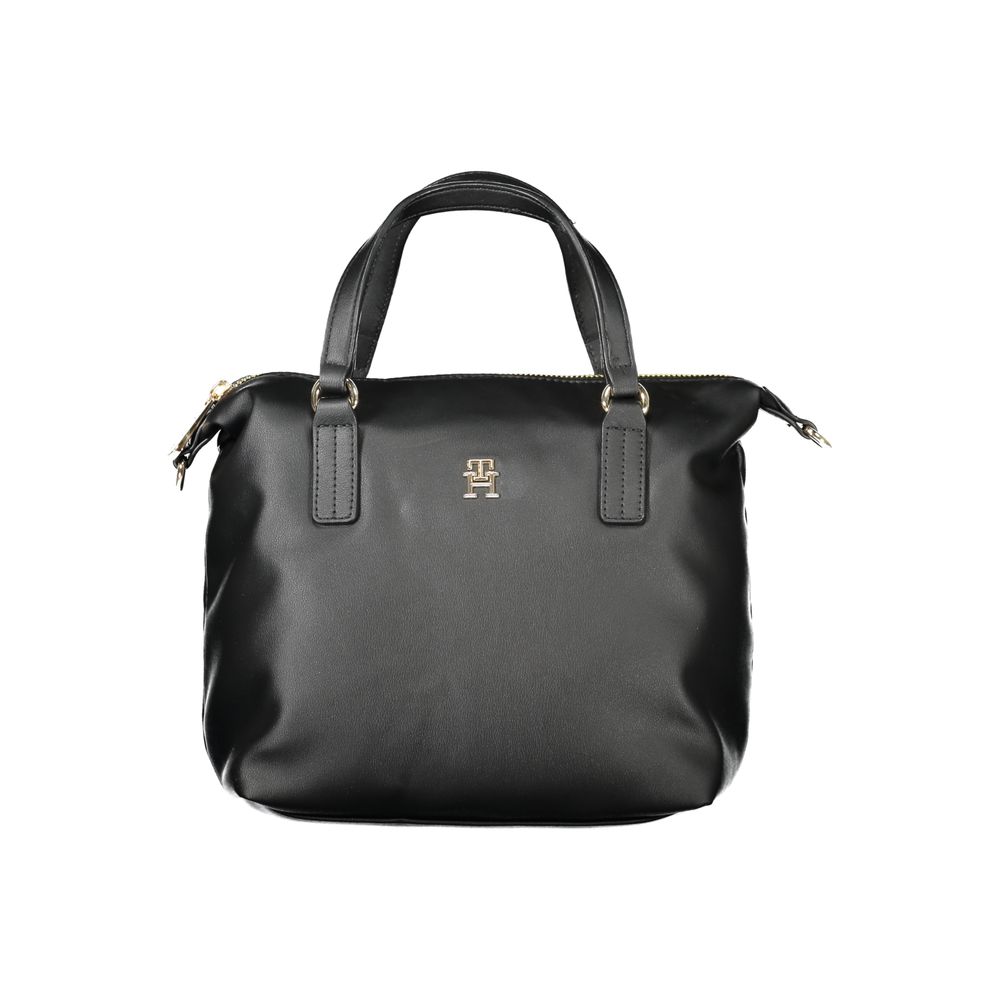 Tommy Hilfiger Black Polyester Women Handbag with two handles, detachable shoulder strap, and zip closure featuring iconic logo.
