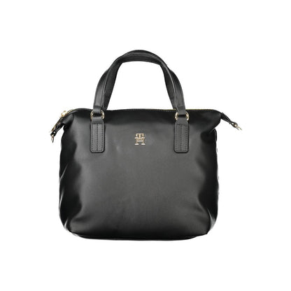 Tommy Hilfiger Black Polyester Women Handbag with two handles, detachable shoulder strap, and zip closure featuring iconic logo.