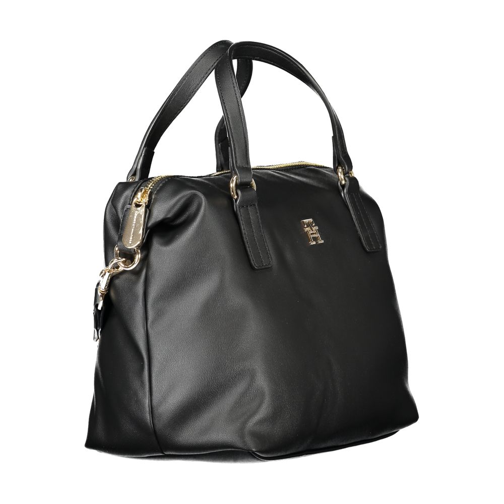 Tommy Hilfiger Black Polyester Women Handbag with two handles and zip closure, featuring adjustable detachable strap and internal pocket.