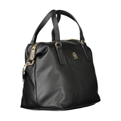 Tommy Hilfiger Black Polyester Women Handbag with two handles and zip closure, featuring adjustable detachable strap and internal pocket.