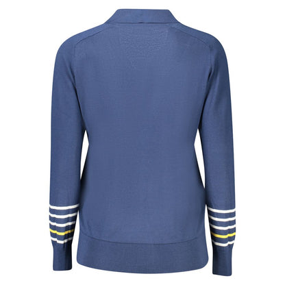 Back view of North Sails Blue Cotton Women Sweater featuring striped sleeves and luxurious cotton blend design.