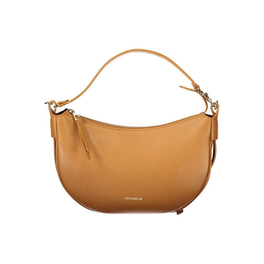 Coccinelle Brown Leather Handbag with adjustable strap and internal pocket, featuring logo and zip closure.