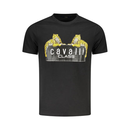 Cavalli Class Black Cotton T-Shirt with short sleeves, crew neck, and leopard print logo.
