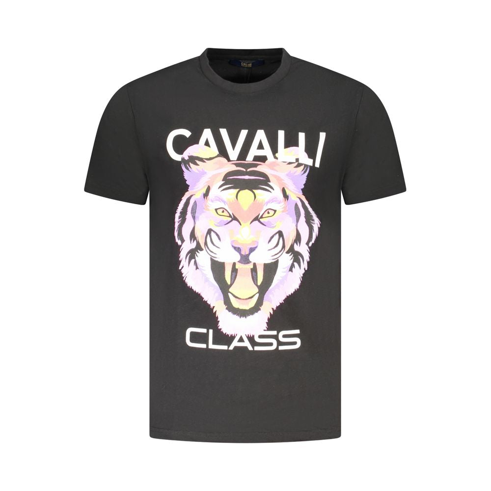 Cavalli Class Black Cotton Men T-Shirt featuring bold tiger print and logo, showcasing modern style and luxury fashion.