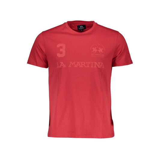 La Martina Red Cotton Men T-Shirt with short sleeves and logo print on front.