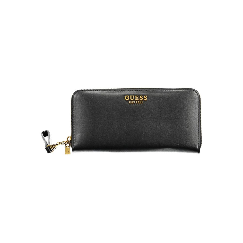 Guess Jeans Black Polyethylene Women Wallet with zip closure and gold logo, sleek design perfect for modern fashionista.