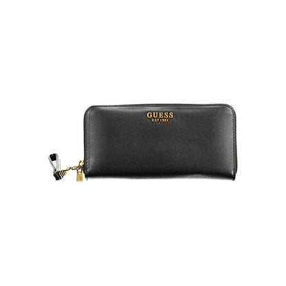 Guess Jeans Black Polyethylene Women Wallet with zip closure and gold logo, sleek design perfect for modern fashionista.