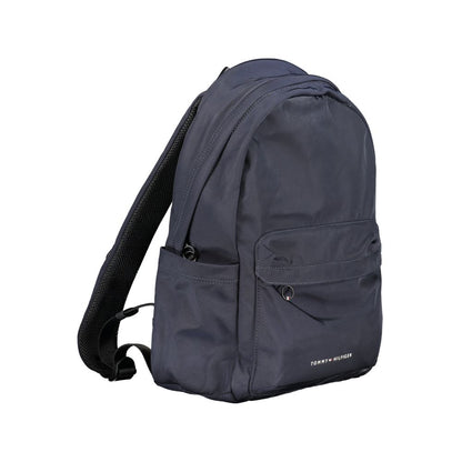 Tommy Hilfiger Blue Polyester Backpack with handle, adjustable straps, external pockets, and internal laptop compartment.