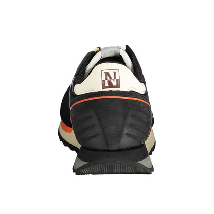 Rear view of Napapijri Black Leather Men Sneaker with chic black and contrasting details, showcasing upscale athleisure design for men.