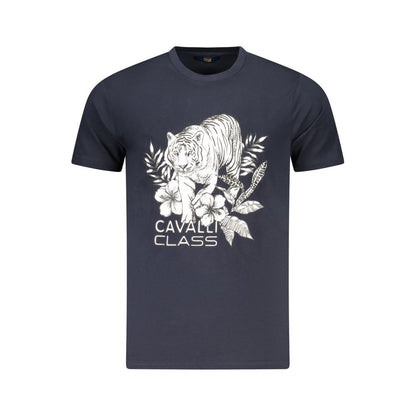 Cavalli Class Blue Cotton Men T-Shirt with tiger and floral print, crew neck design, luxury casual wear.