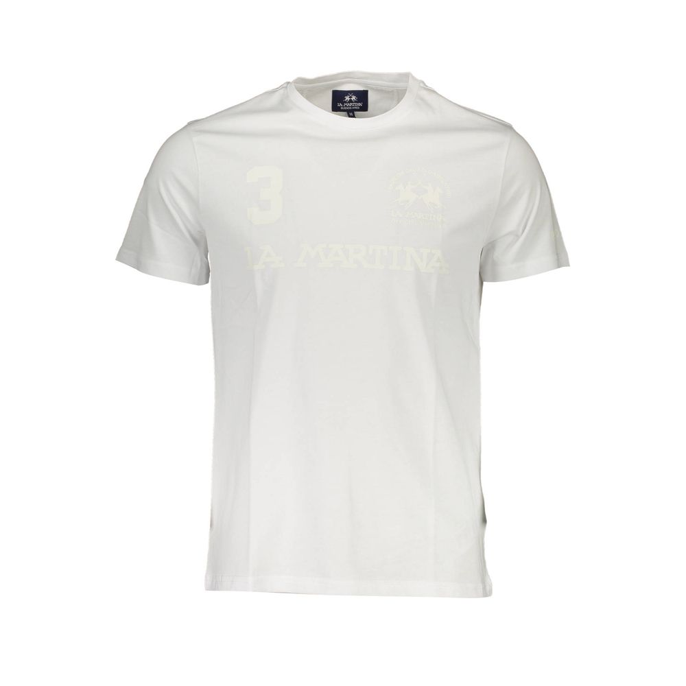La Martina White Cotton Men T-Shirt showcasing crew neck and distinctive logo print for casual style and comfort.