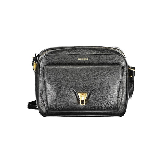 Coccinelle Black Leather Women Handbag with adjustable shoulder strap and gold turnbuckle closure for elegant organization.