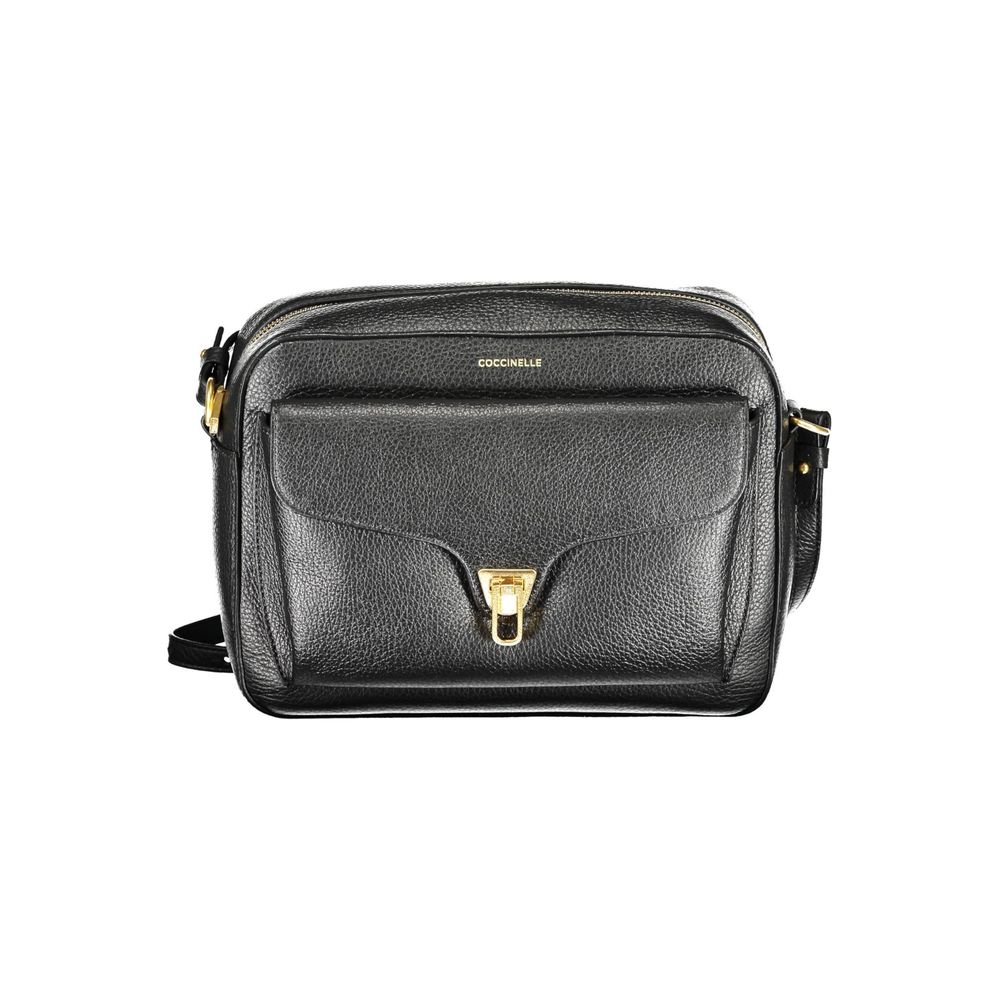 Coccinelle Black Leather Women Handbag with adjustable strap, featuring zip and turnbuckle closure for secure storage