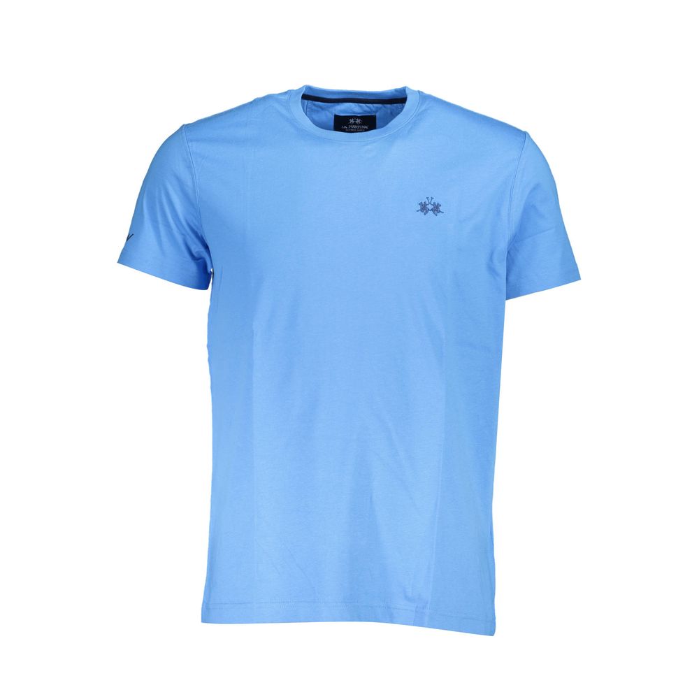 La Martina Blue Cotton Men T-Shirt with crew neck, short sleeves, and embroidered logo.