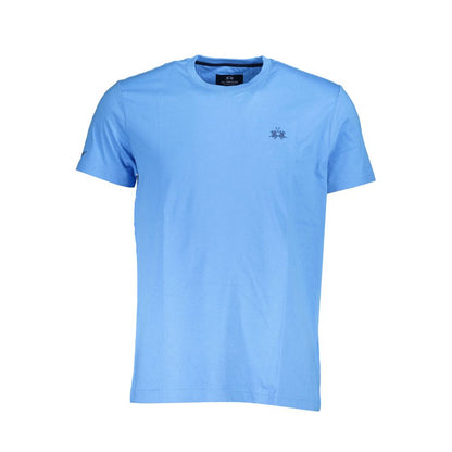 La Martina Blue Cotton Men T-Shirt with crew neck, short sleeves, and embroidered logo.