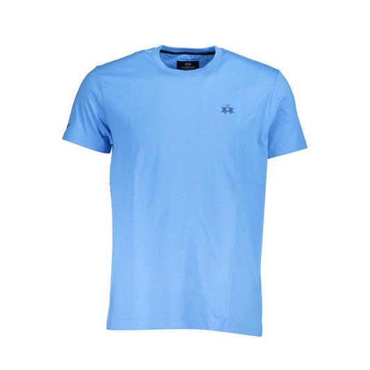 La Martina Blue Cotton Men T-Shirt with crew neck, short sleeves, and embroidered logo.