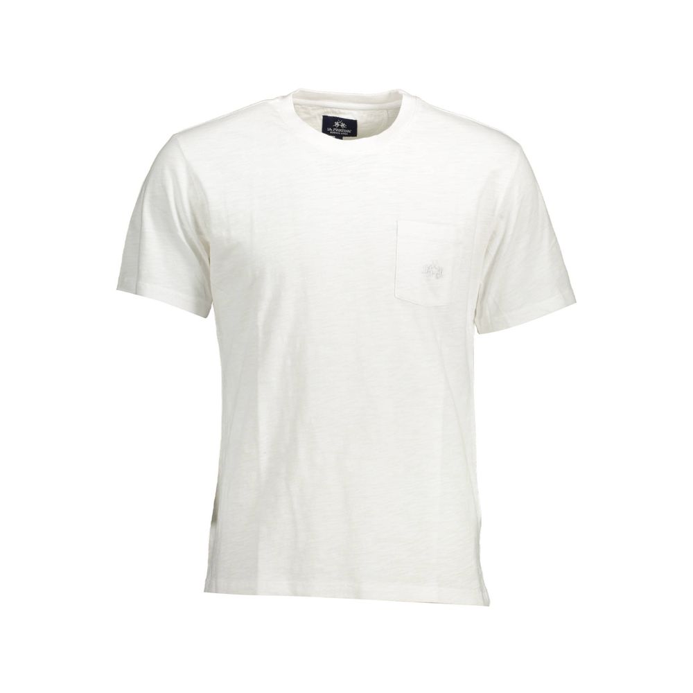 La Martina White Cotton Men T-Shirt with short sleeves, regular fit, embroidered logo, and pocket detail for casual style.
